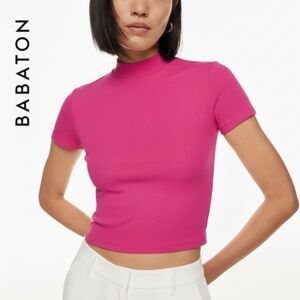 NEW XS Aritzia Babaton Formarib Mockneck Shortsleeve T-shirt Pink Ribbed Top